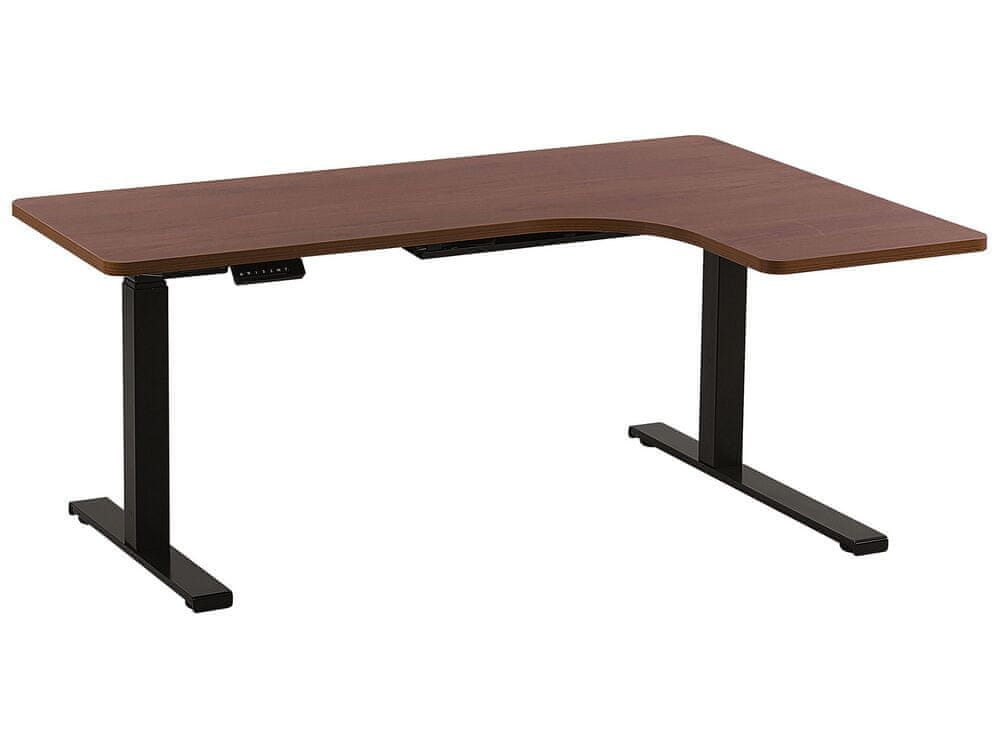 Beliani Rohový písací stôl elektricky nastaviteľný pravostranný 160 x 110 cm tmavé drevo s čiernou DESTIN II